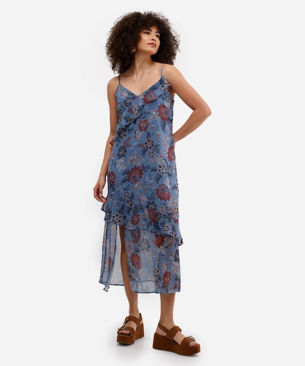 vestido midi feminino chiffon alça fina com babados floral azul G