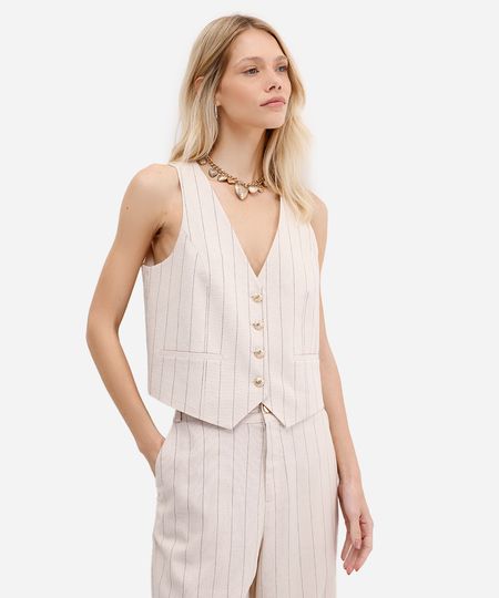 colete feminino de alfaiataria com linho risca de giz bege PP colete feminino de alfaiataria com linho risca de giz bege PP