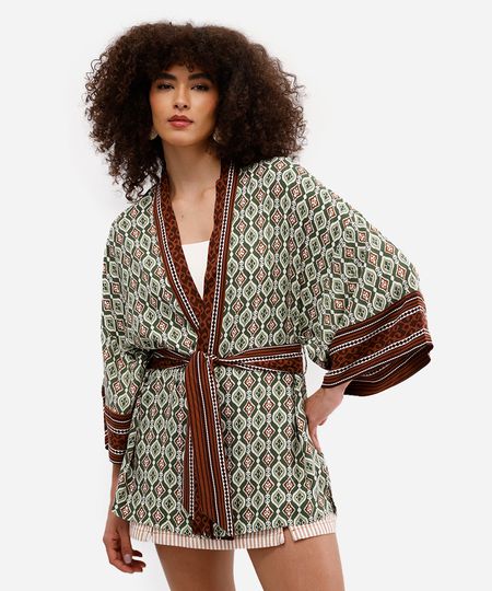 kimono feminino de viscose étnico verde UNICO