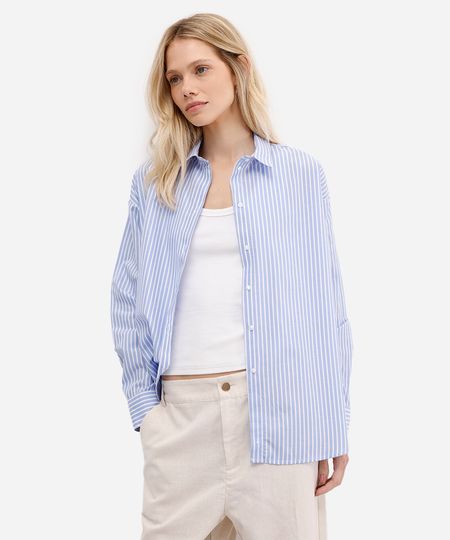 camisa feminina manga longa oversized listrada azul PP