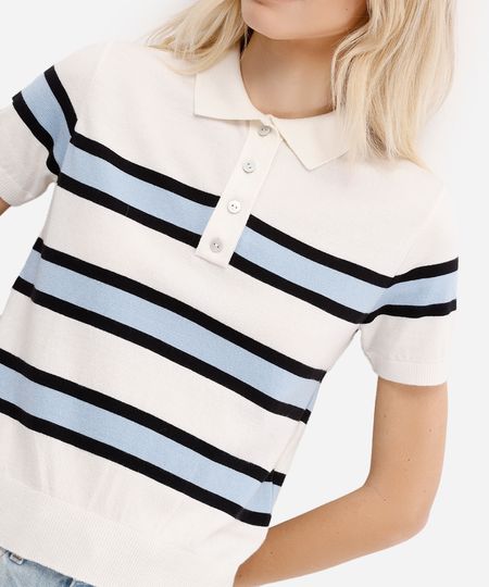 polo feminina de tricot manga curta listrada off white P