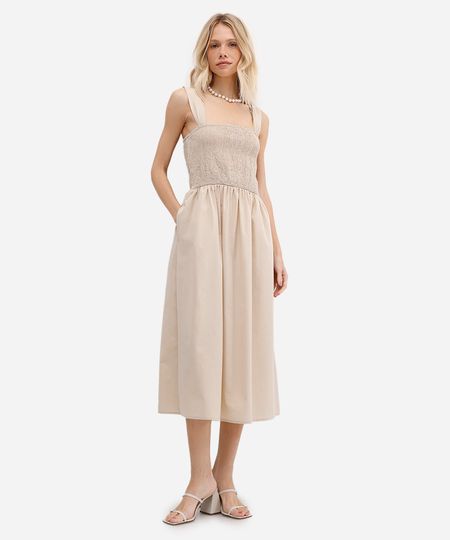 vestido midi feminino de algodão franzido bege G vestido midi feminino de algodão franzido bege G