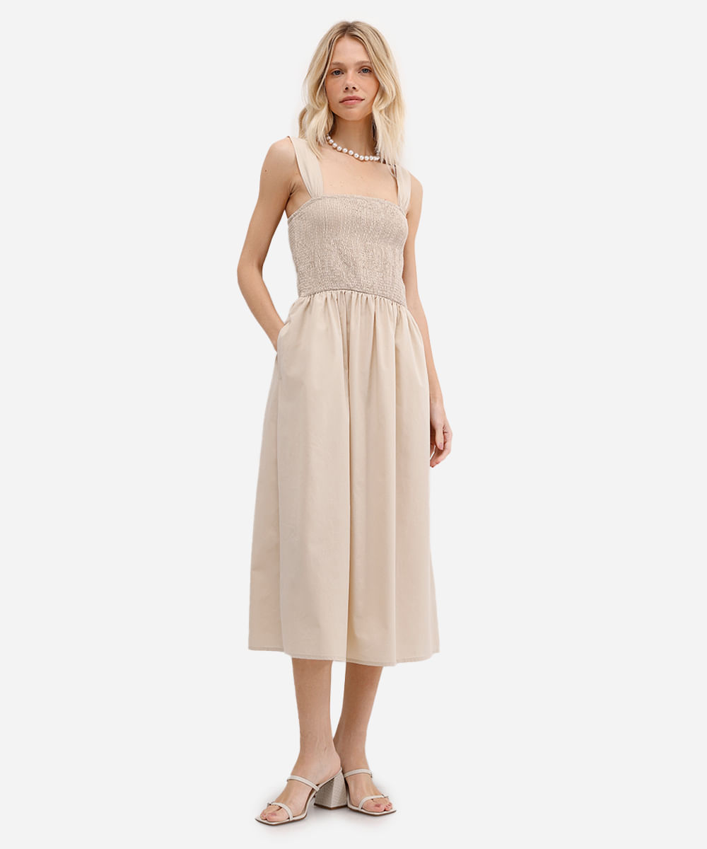 vestido midi feminino de algodão franzido bege