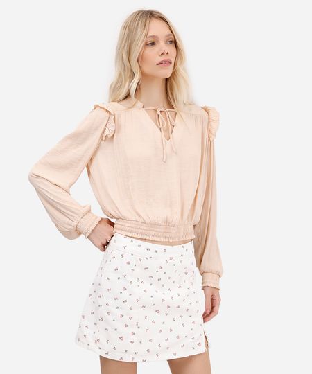 blusa feminina manga longa com babados texturizada bege M blusa feminina manga longa com babados texturizada bege M