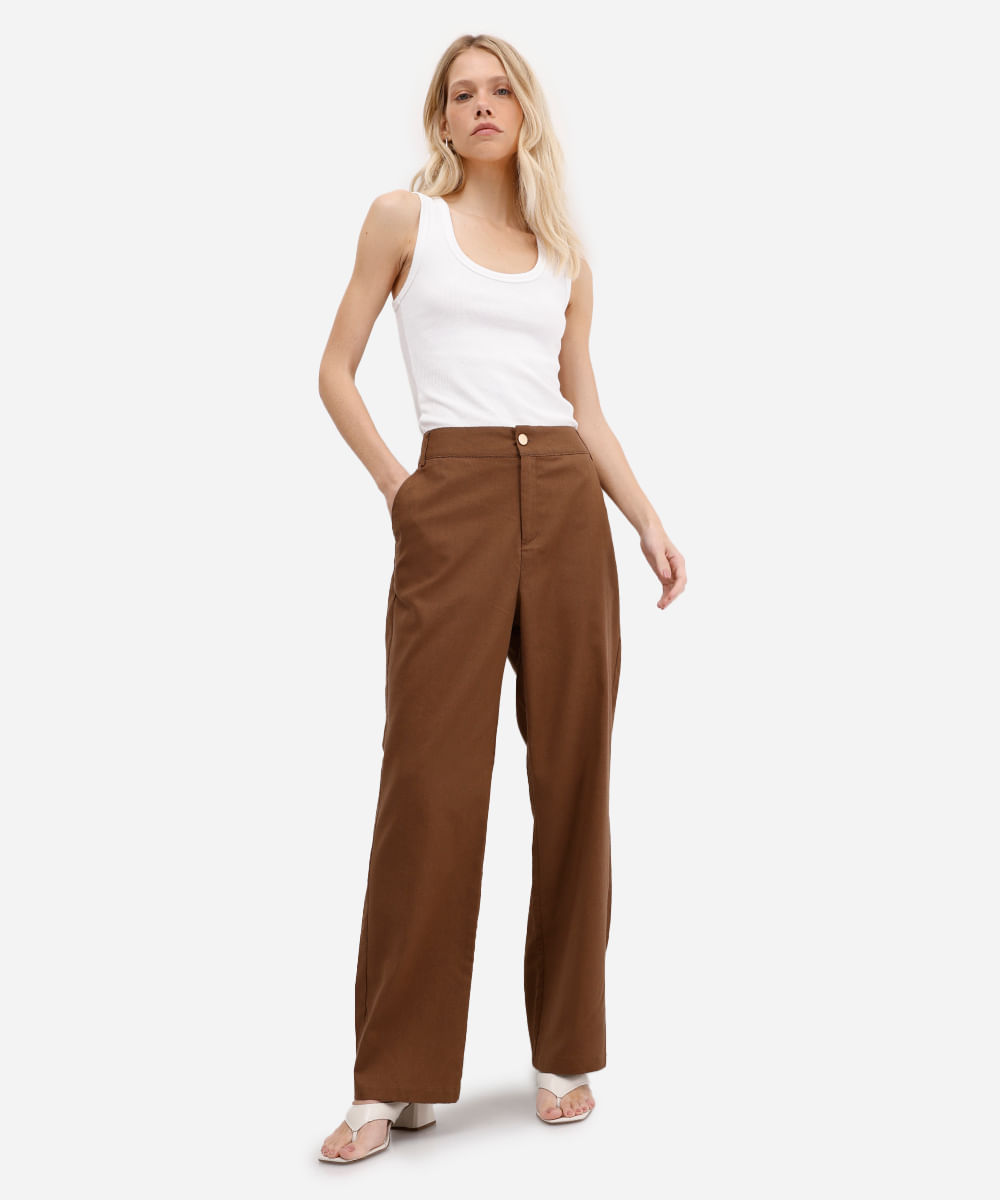 calça reta feminina com linho cintura alta marrom