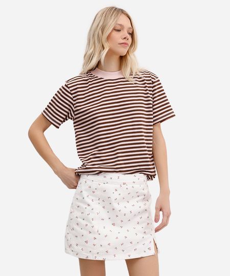 camiseta feminina listrada manga curta rosa M