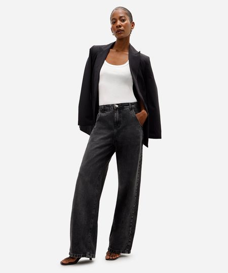calça reta oversized feminina jeans cintura média preta 46