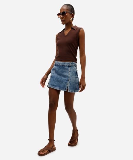 short saia jeans cintura alta com fenda azul 42 short saia jeans cintura alta com fenda azul 42