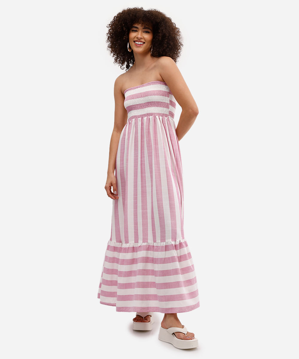 vestido longo feminino sem alça com lastex listrado rosa