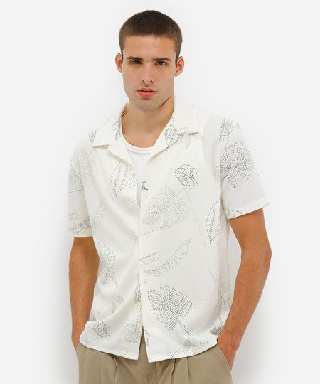 camisa masculina manga curta texturizada folhagens off white P