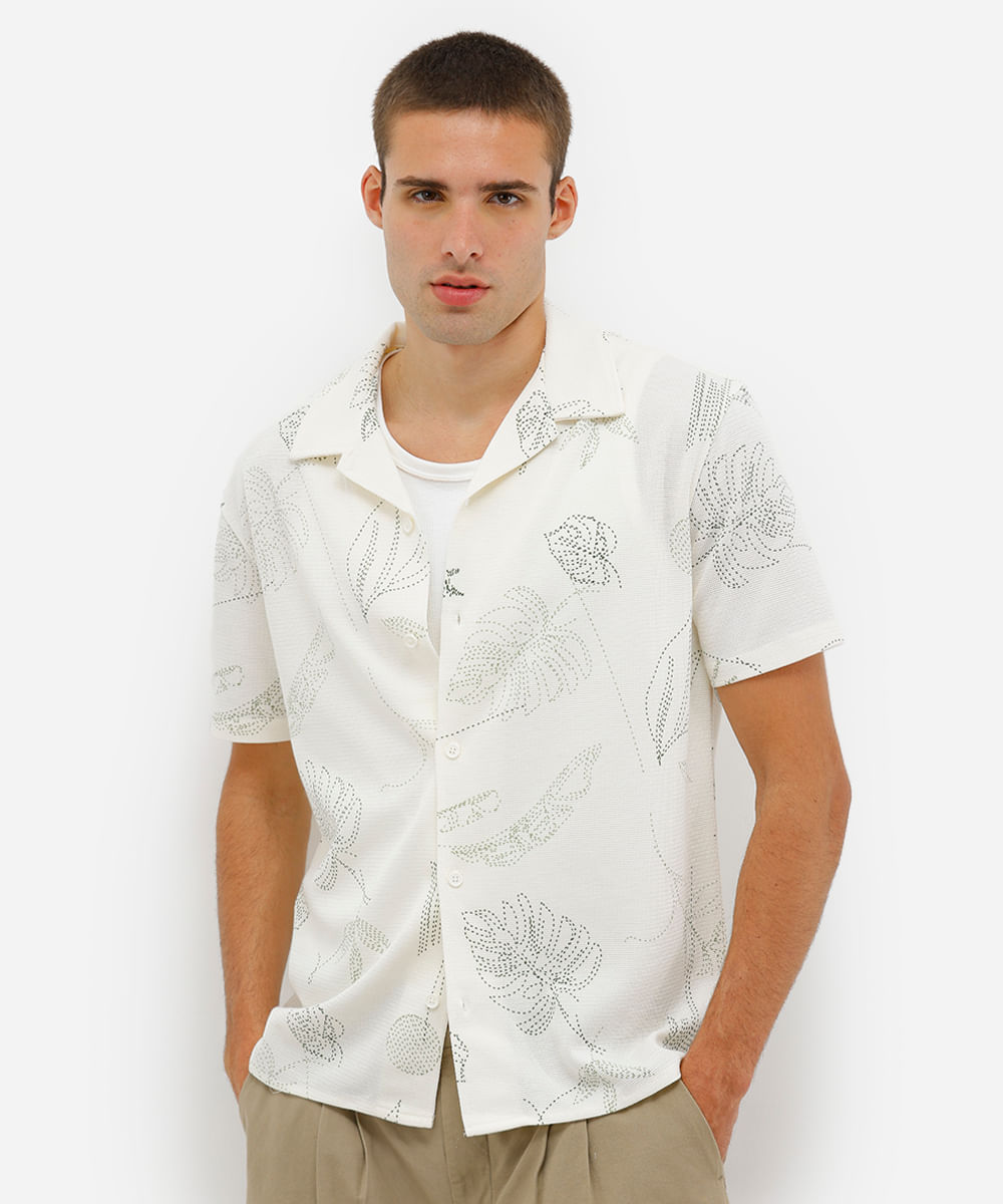 camisa masculina manga curta texturizada folhagens off white