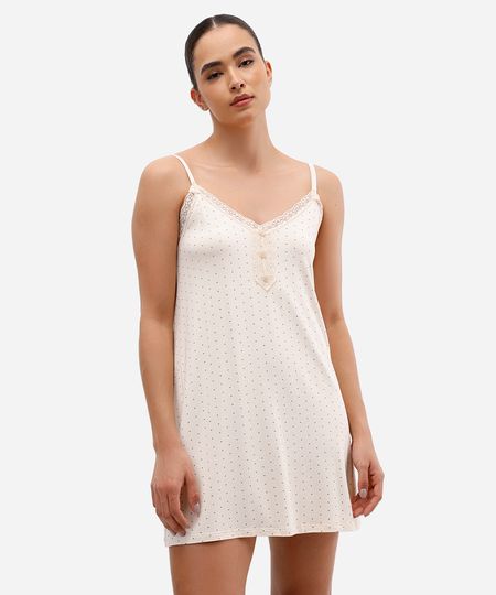 camisola feminina de viscose com renda poá bege M camisola feminina de viscose com renda poá bege M