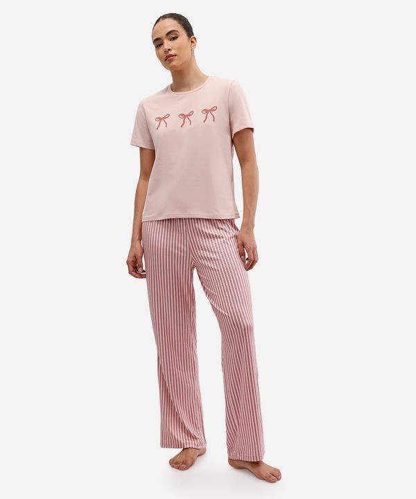 pijama feminino manga curta listrado rosa GG