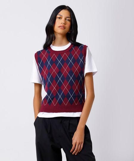 colete feminino de tricot xadrez argyle mindset vinho P