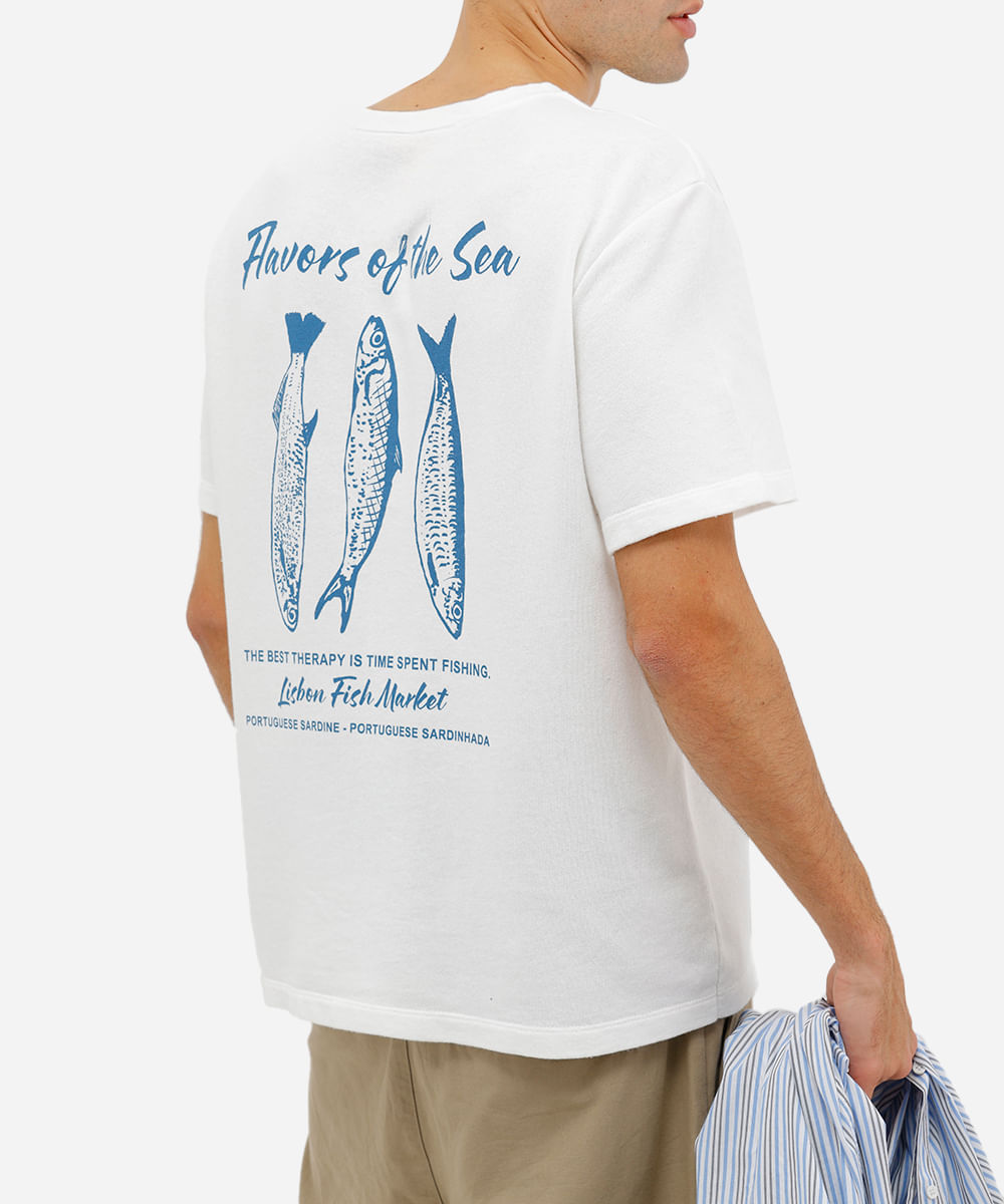 camiseta masculina moletom box fit peixe flavor off white