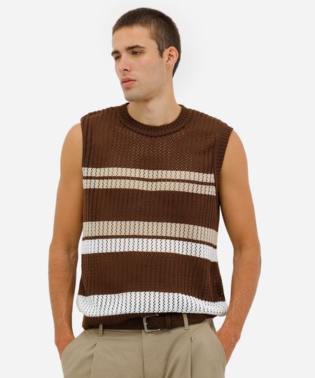 colete masculino de tricot texturizado listrado marrom G colete masculino de tricot texturizado listrado marrom G