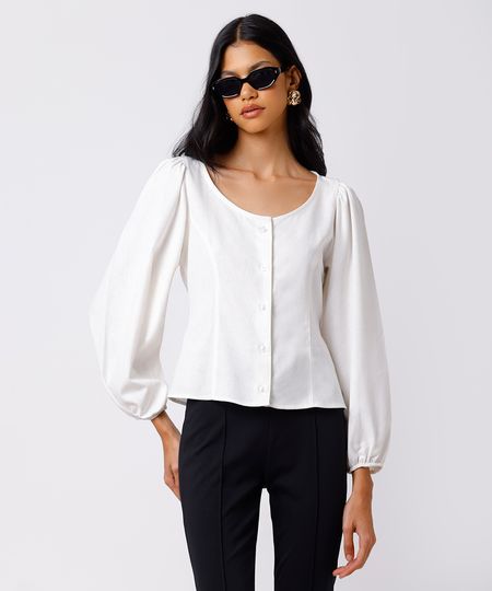 blusa feminina com linho manga bufante mindset off white GG