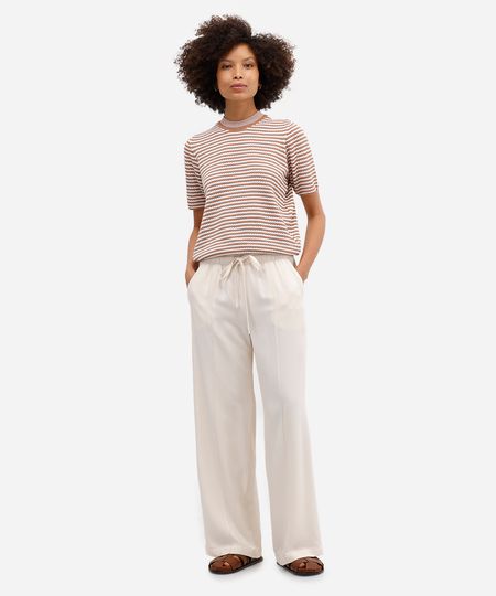 calça wide leg cropped feminina de viscose cós elástico bege 34