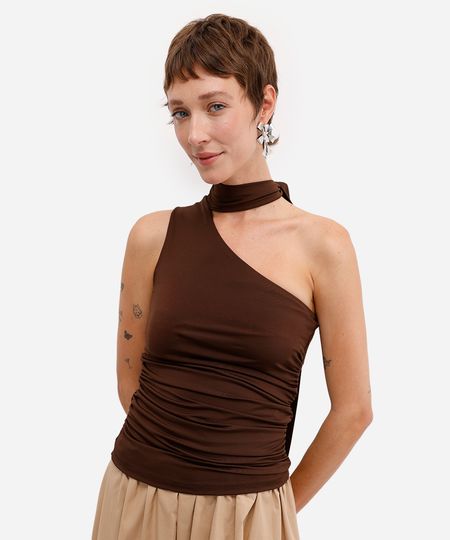 blusa ombro único feminina franzida com amarração marrom P blusa ombro único feminina franzida com amarração marrom P