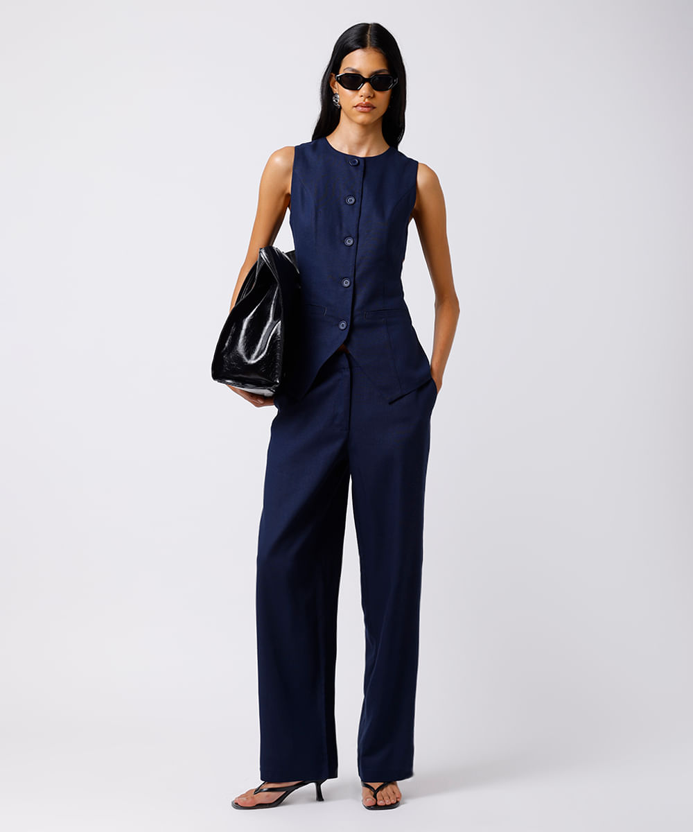calça reta feminina de alfaiataria com linho mindset azul