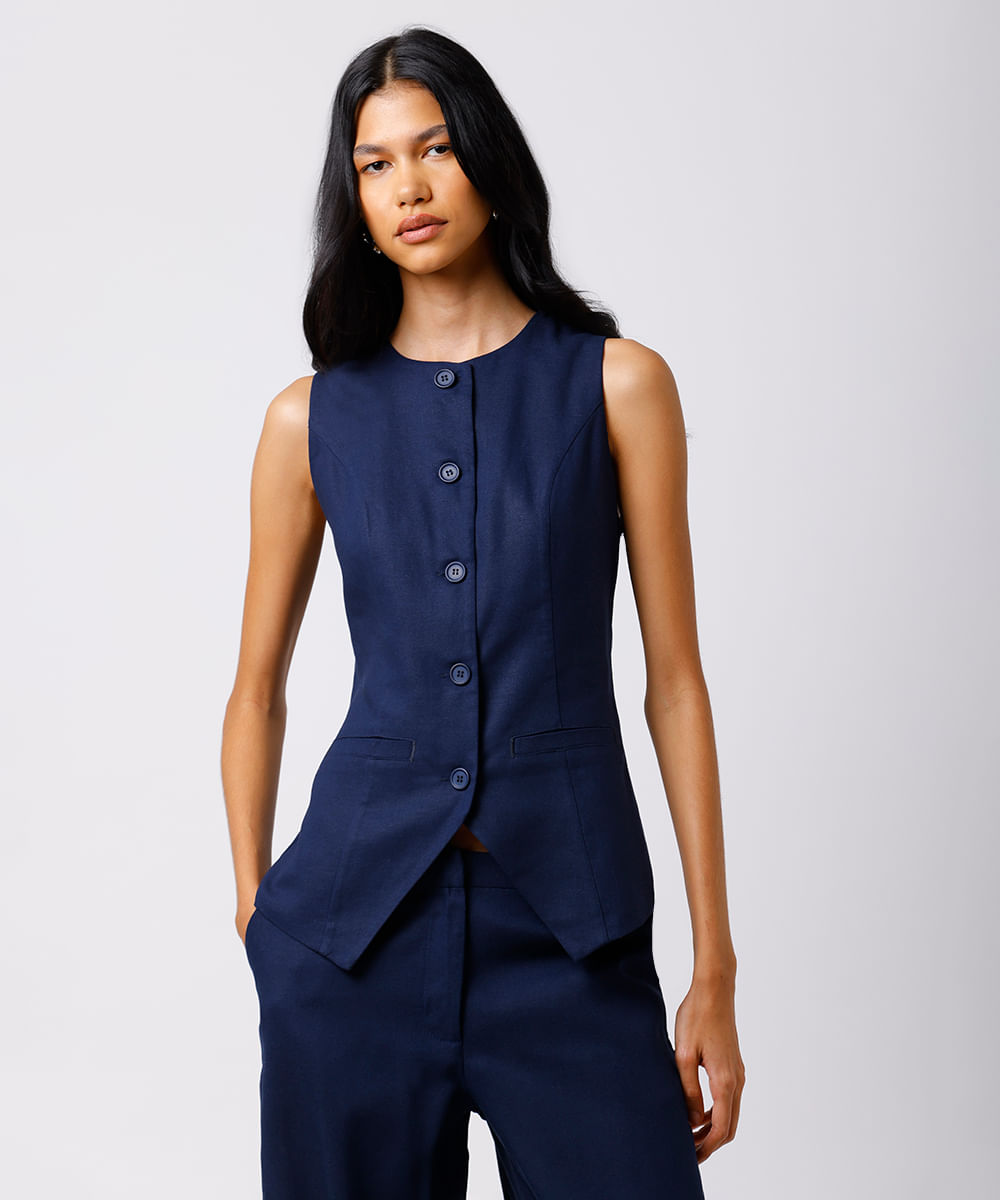 colete feminino de alfaiataria com linho mindset azul