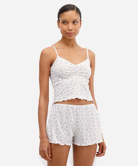 pijama short doll feminino canelado floral off white GG pijama short doll feminino canelado floral off white GG