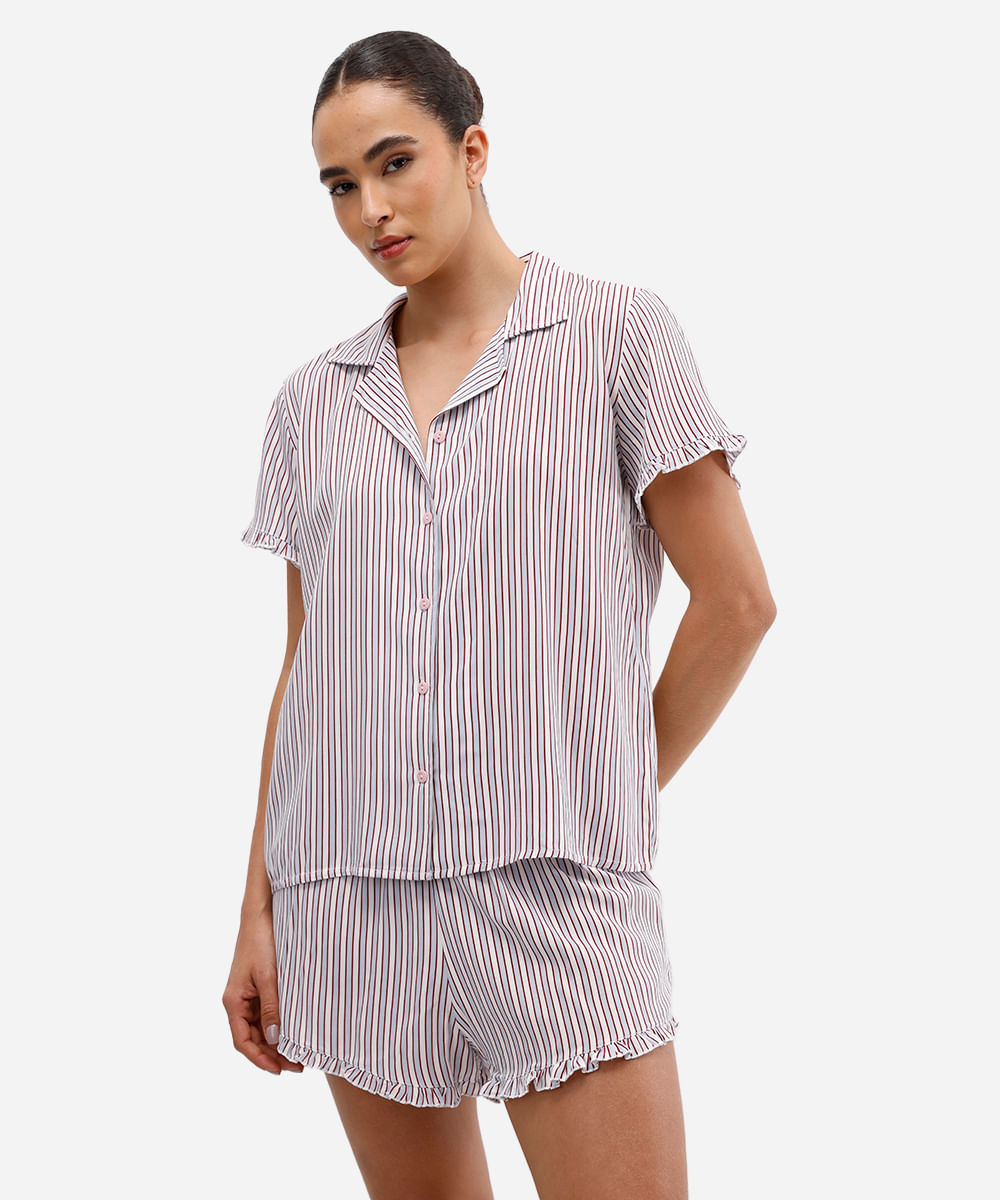 pijama americano feminino listrado curto babados colorido