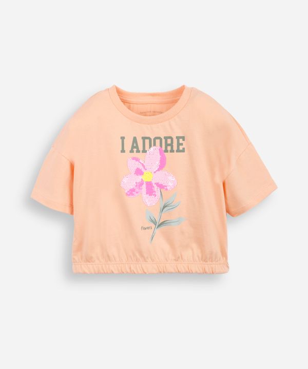 camiseta infantil barra elástico com aplicação de paetê de flor laranja 4