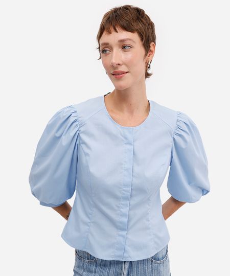camisa feminina manga bufante decote redondo azul P camisa feminina manga bufante decote redondo azul P