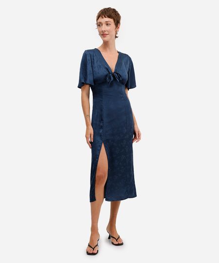 vestido midi feminino de jacquard acetinado floral azul M vestido midi feminino de jacquard acetinado floral azul M