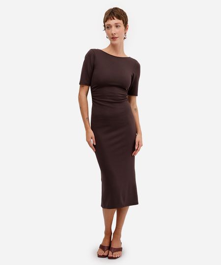vestido midi feminino franzido com fenda marrom G