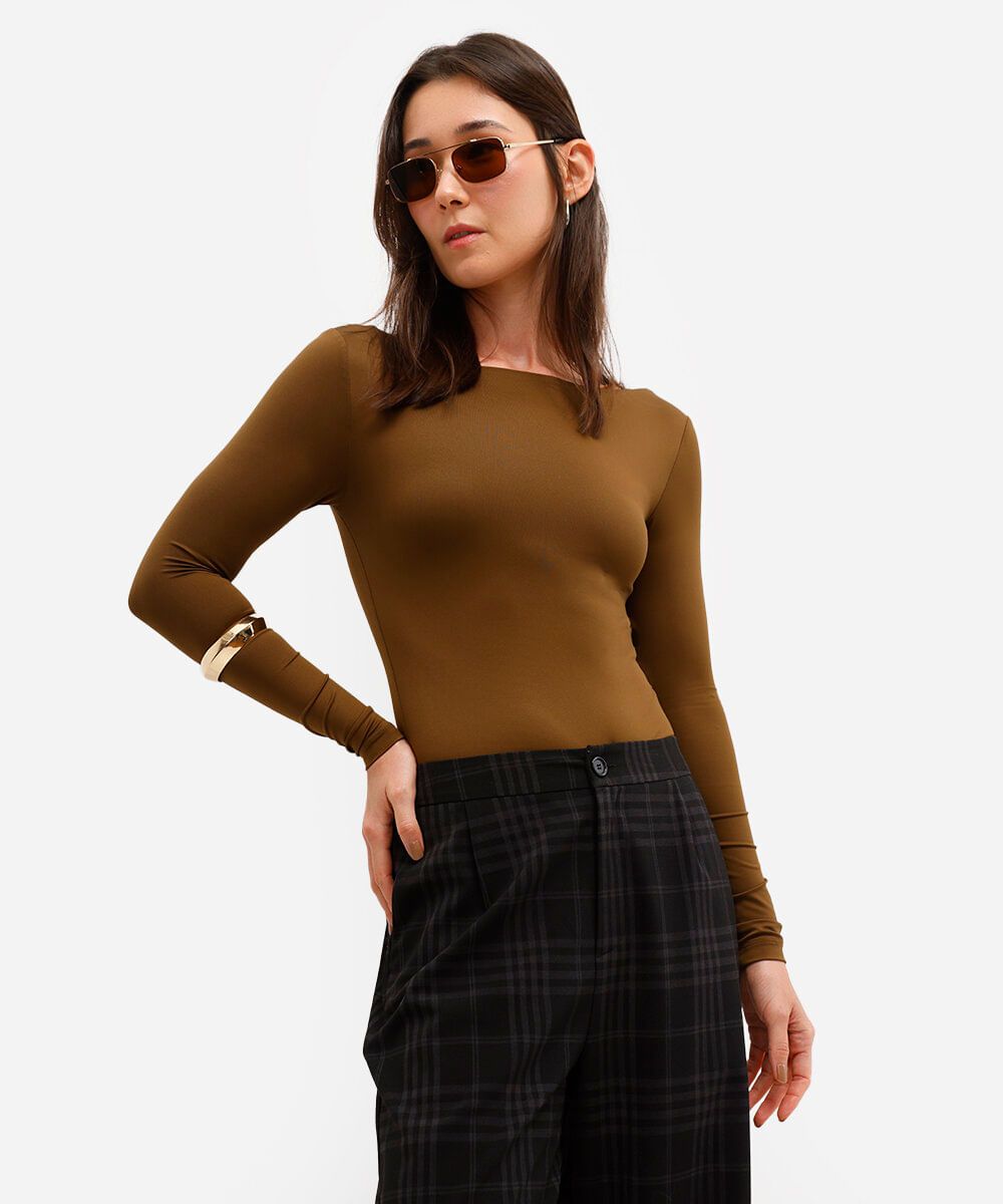body feminino de poliamida manga longa marrom