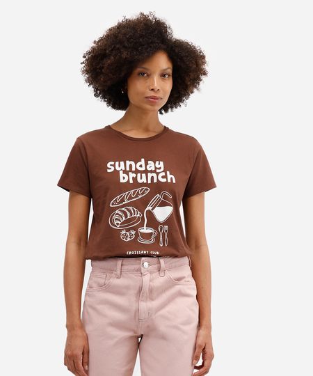 camiseta feminina de algodão sunday brunch marrom GG