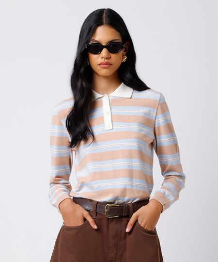 polo feminina de tricot manga longa listrada mindset bege PP