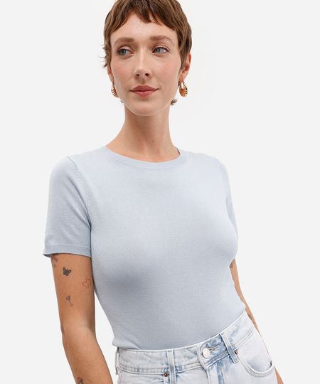 blusa feminina de tricot manga curta azul M