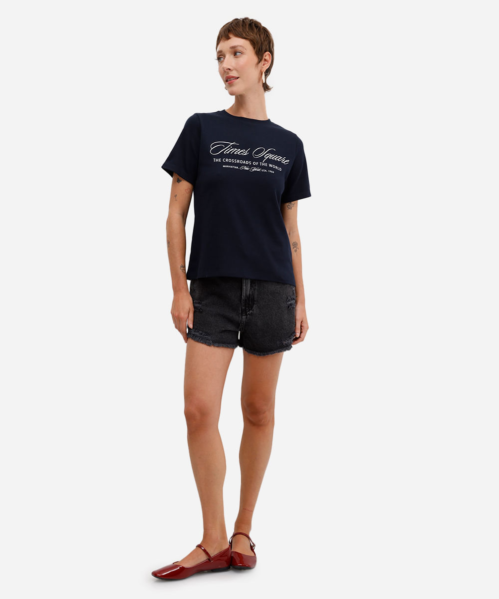 short feminino jeans cintura média destroyed preto