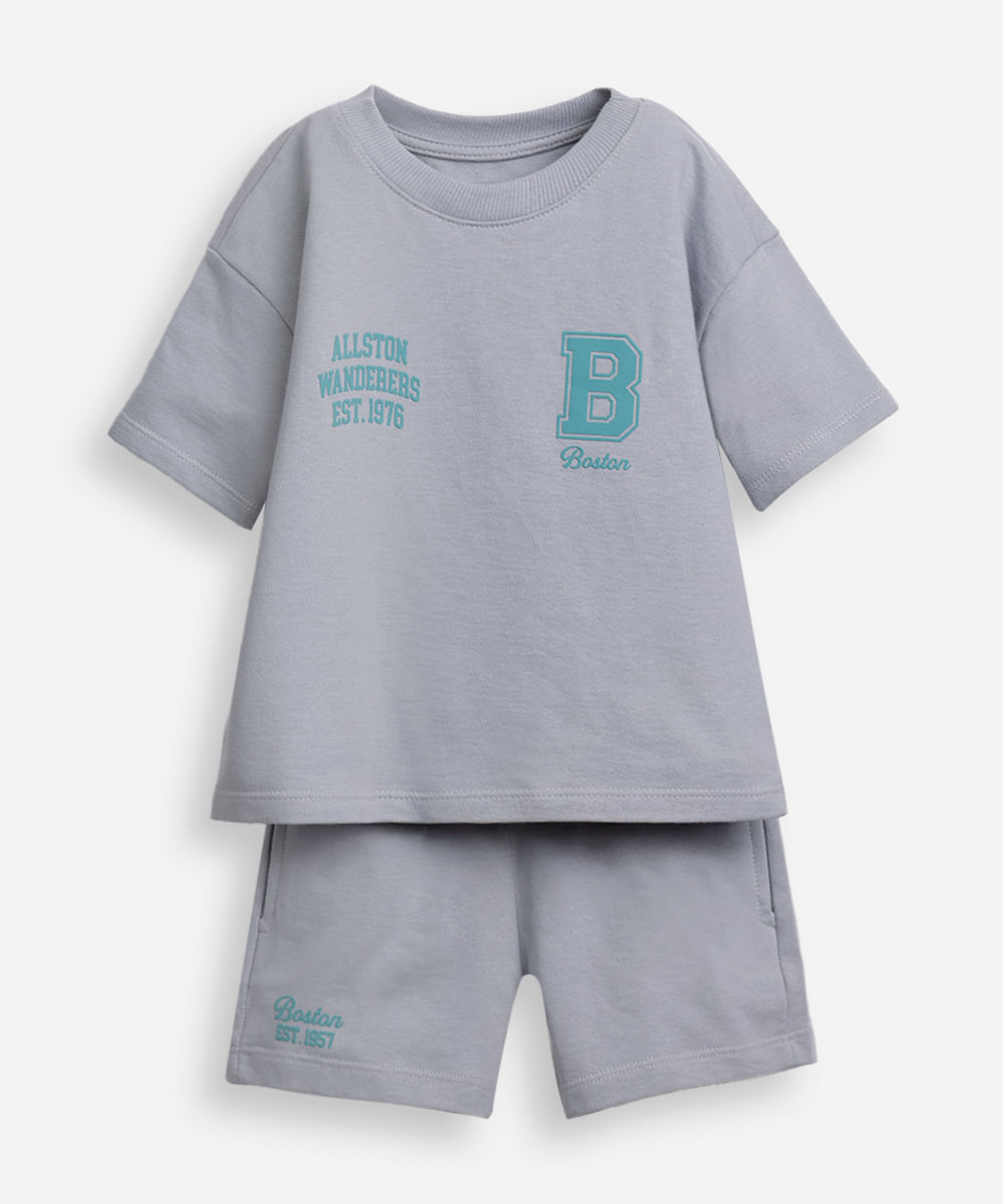 conjunto curto infantil de algodão estampado cinza