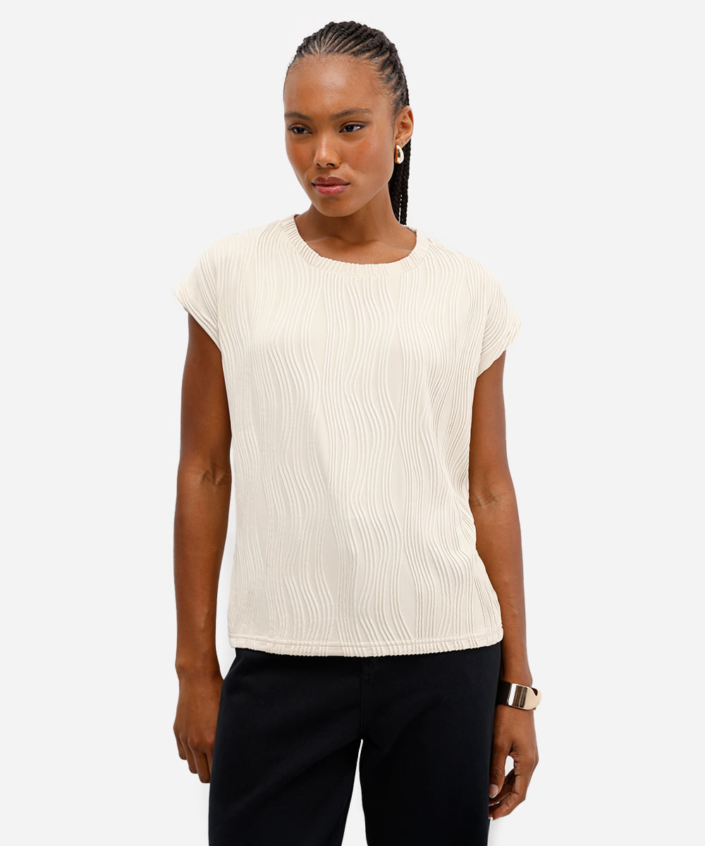 blusa feminina manga curta em malha texturizada bege