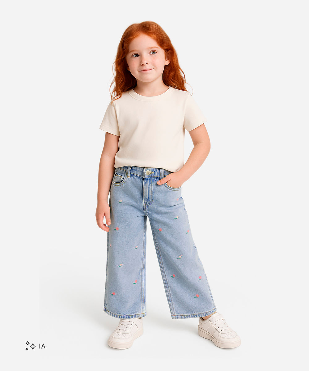 calça wide leg infantil jeans floral - jeans claro