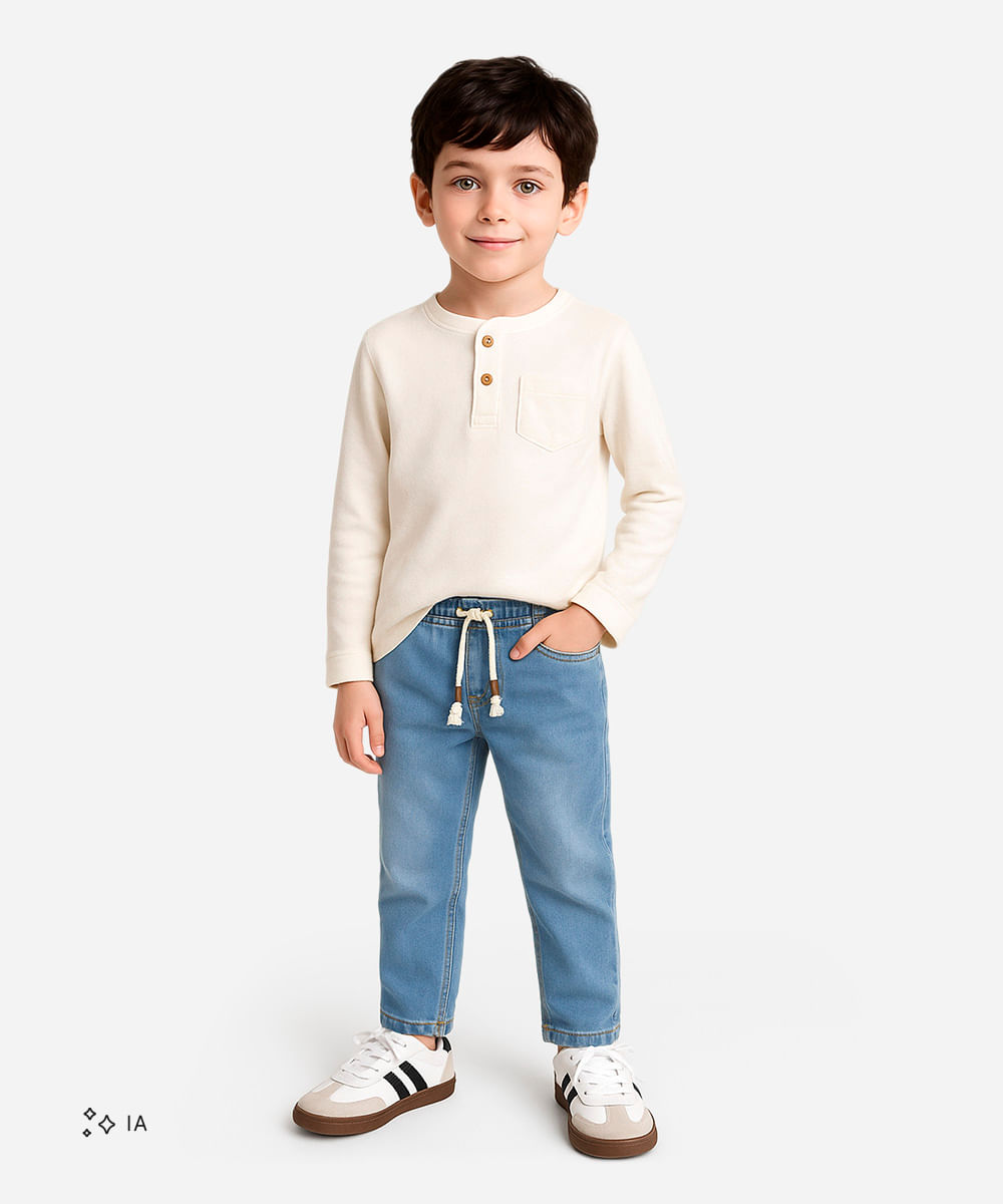calça reta infantil jeans cós com cordão - jeans medio