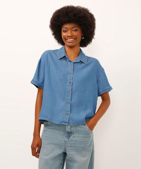 camisa jeans manga curta azul P camisa jeans manga curta azul P