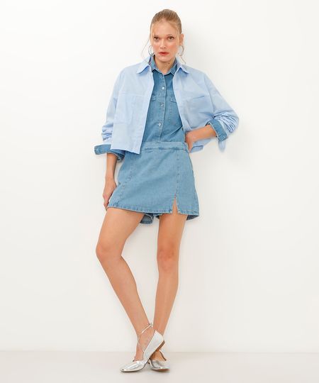 short saia jeans cintura super alta com fenda azul 36