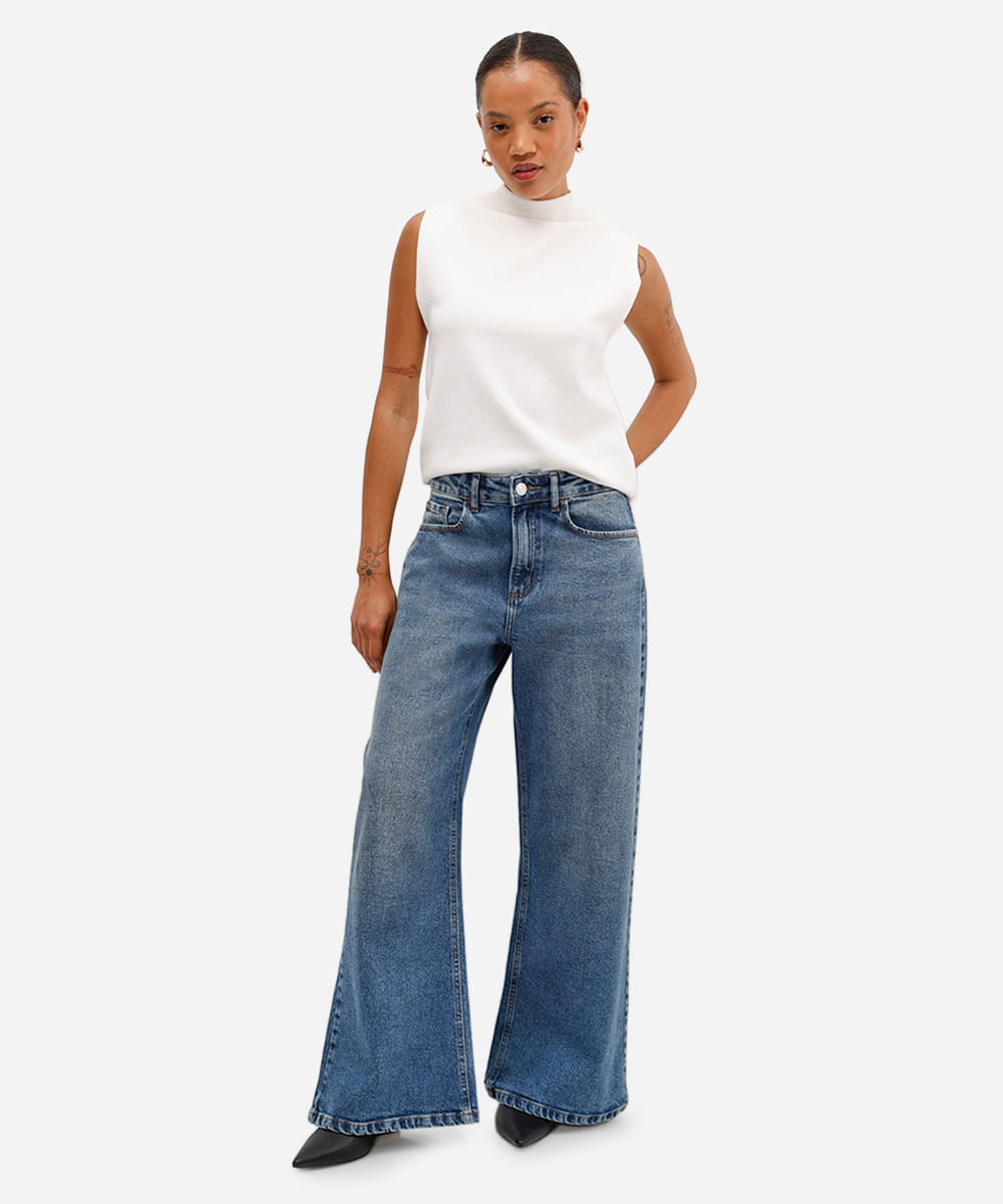 calça wide leg petit feminina jeans cintura alta azul