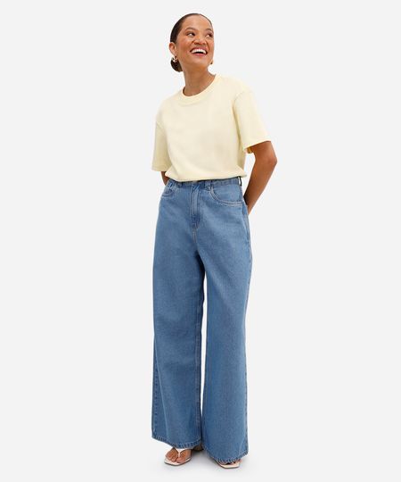 calça wide leg petit feminina jeans azul 34