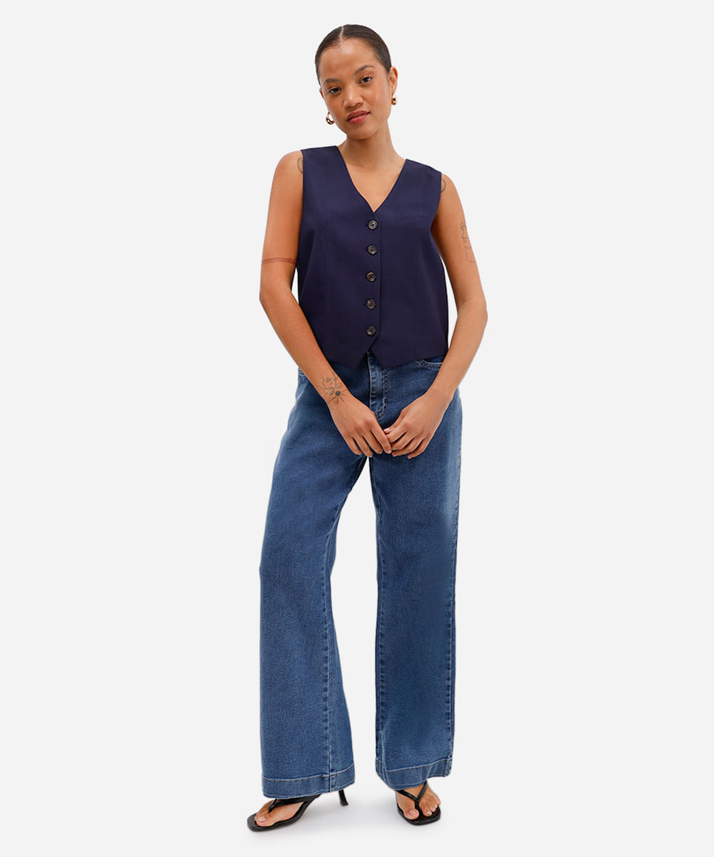 calça jeans wide leg petit cintura alta sawary azul