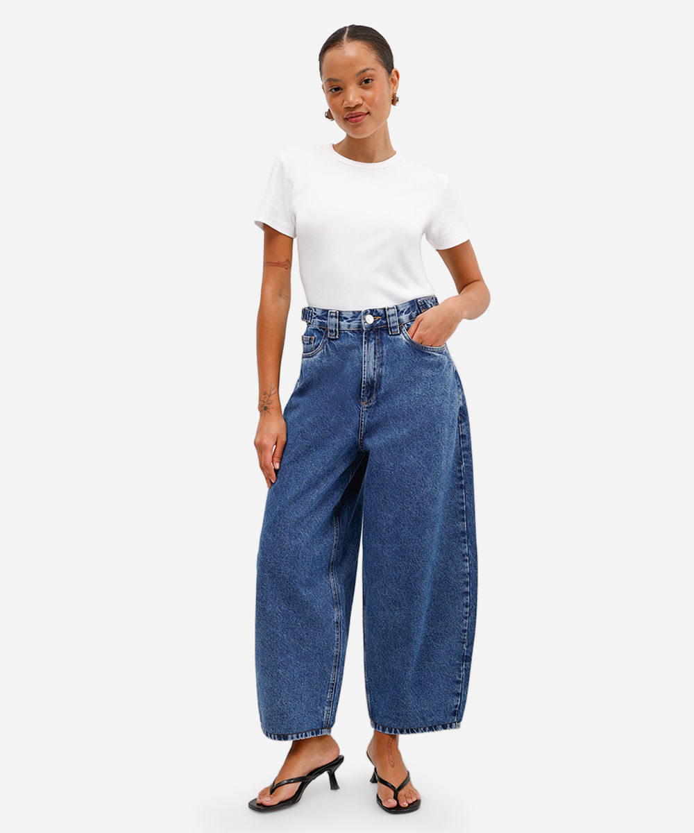 calça baggy petit feminina jeans cintura regulável azul