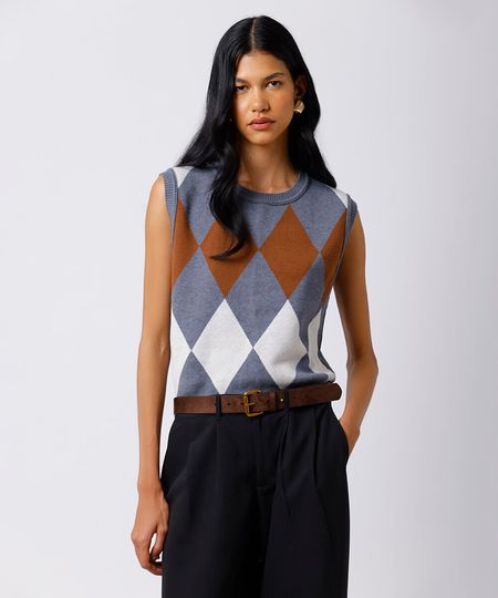 colete feminino de tricot xadrez argyle mindset cinza PP