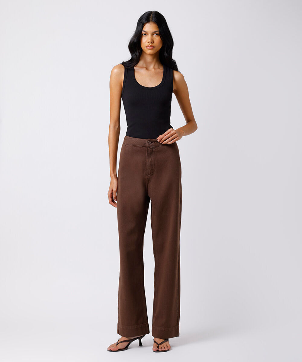 calça wide leg feminina de sarja mindset marrom