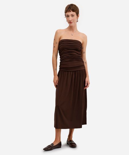 vestido midi feminino sem alça franzido marrom M
