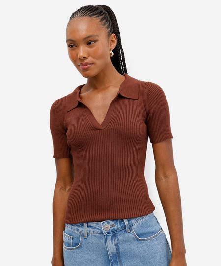 polo feminina tricot canelado marrom PP